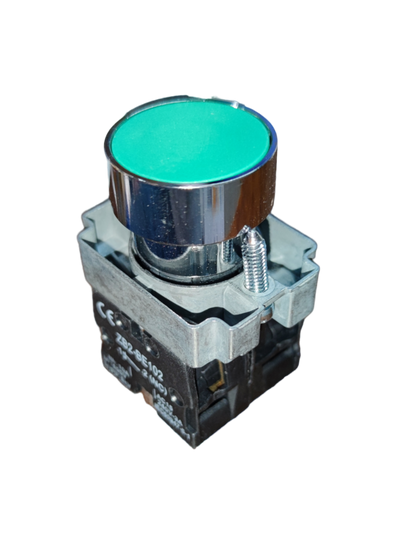 Grippes Push Button Switch 22mm with Metal Head featuring green top and industrial mounting base