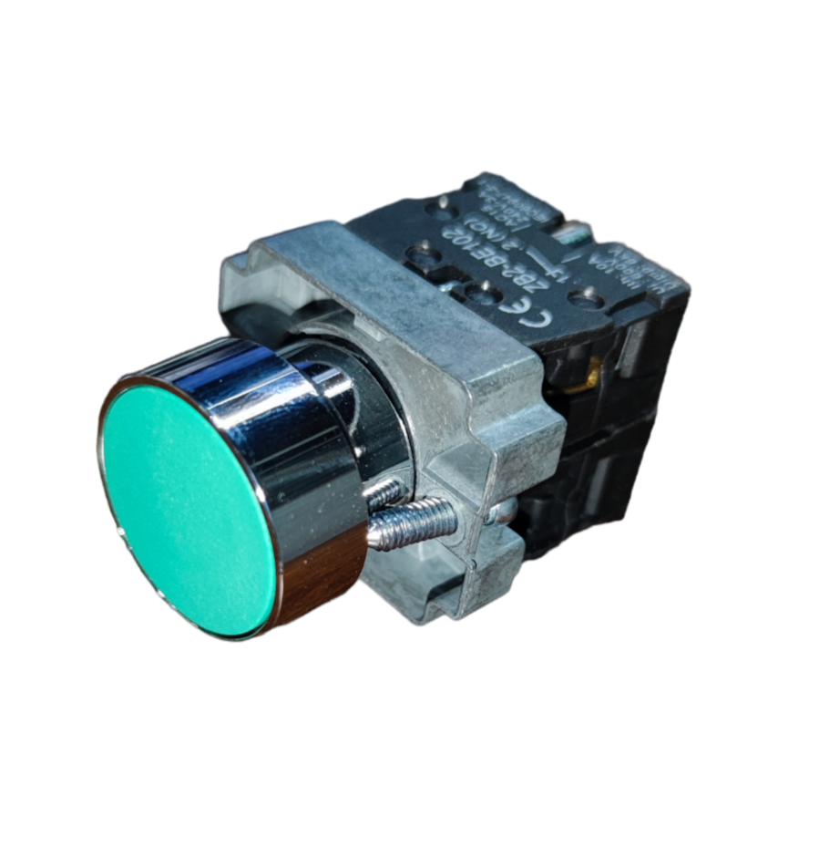 Grippes Push Button Switch 22mm with Metal Head featuring green button and silver chrome finish