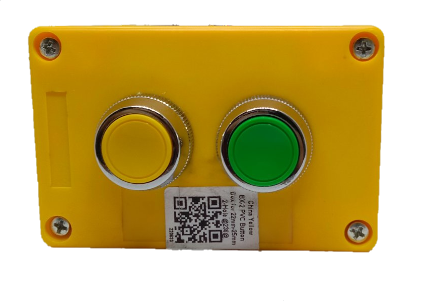 Electx push button switch in surface box with yellow casing and two buttons for easy operation