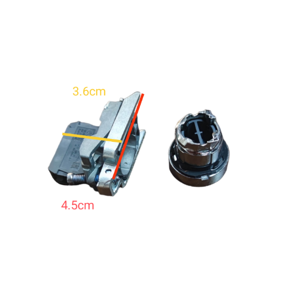 Schneider red push button switch red normally open component with metal mounting bracket and detailed measurements