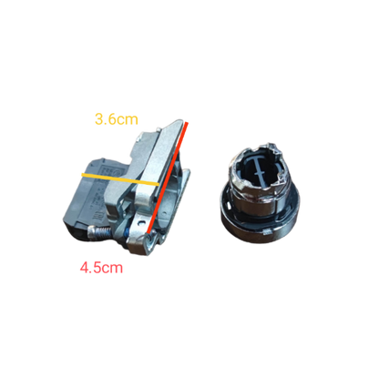 Schneider red push button switch red normally open component with metal mounting bracket and detailed measurements