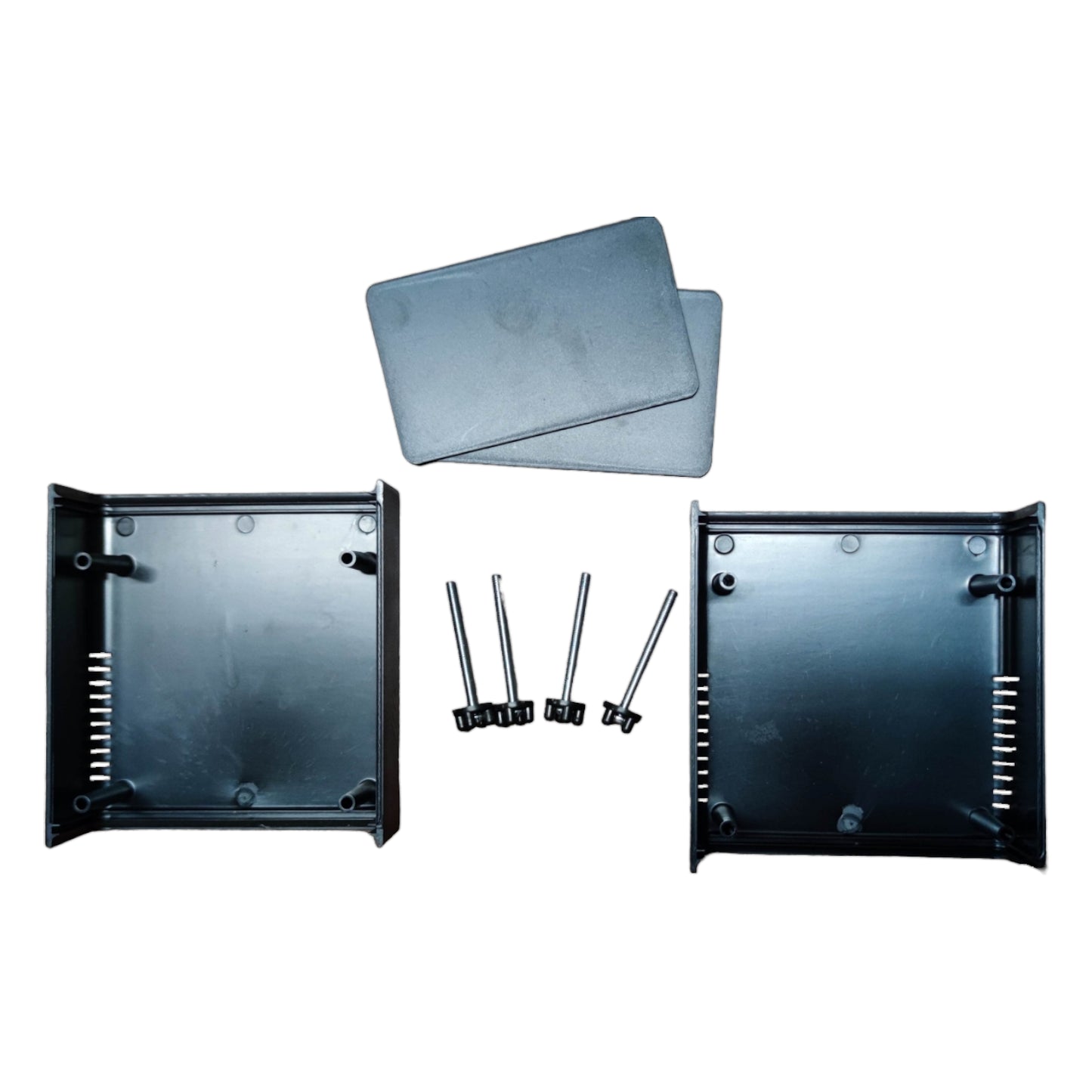Two black PVC boxes for wiring and assembly with covers and screws included