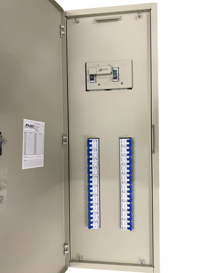 Chint 225A 2 pole MCCB panel board inside metal enclosure with two rows of blue modular breakers