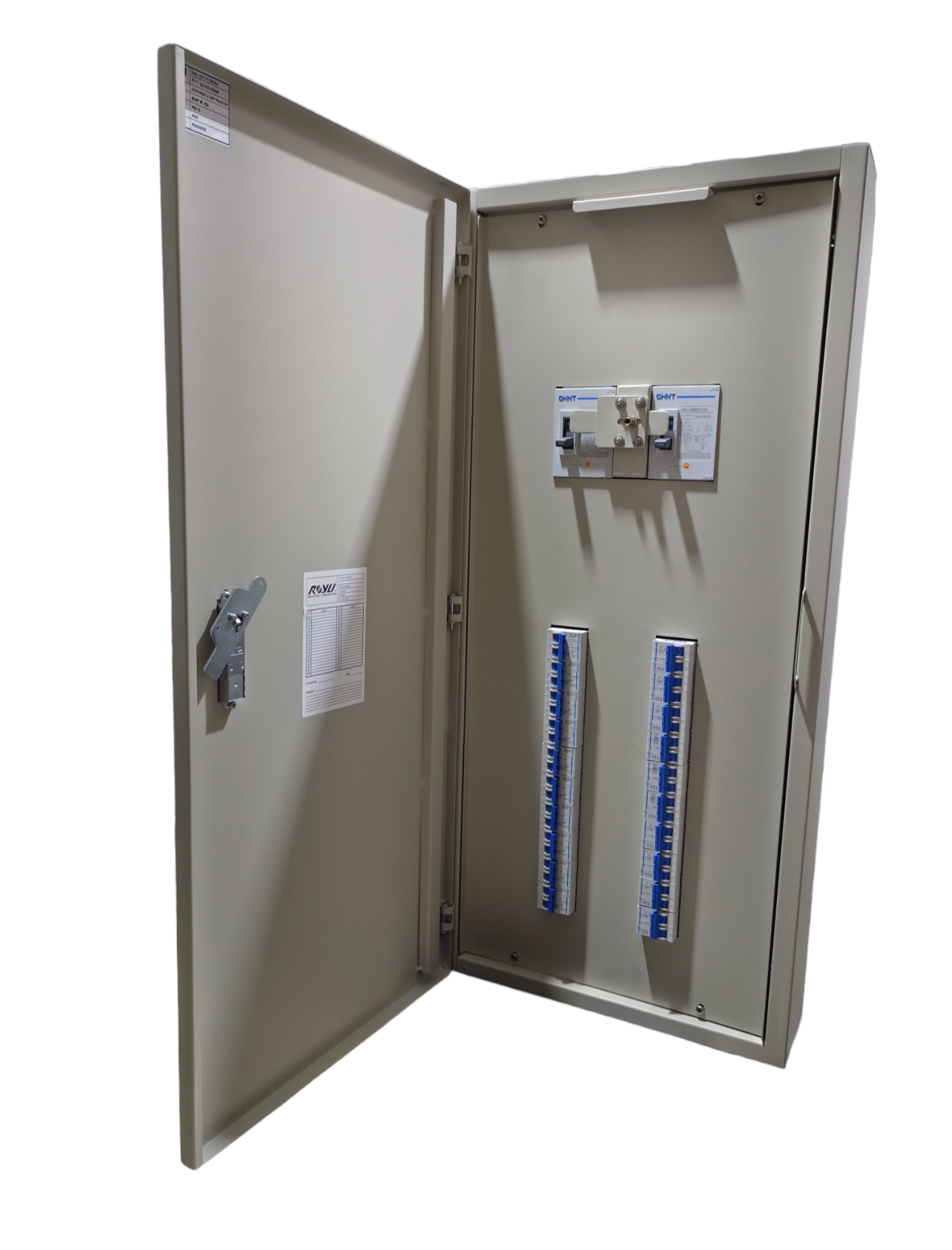 Chint metal electrical enclosure open showing 225A 2 pole MCCB panel board with two blue breaker rails