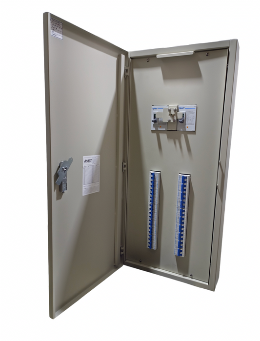 Chint metal electrical enclosure open showing 225A 2 pole MCCB panel board with two blue breaker rails