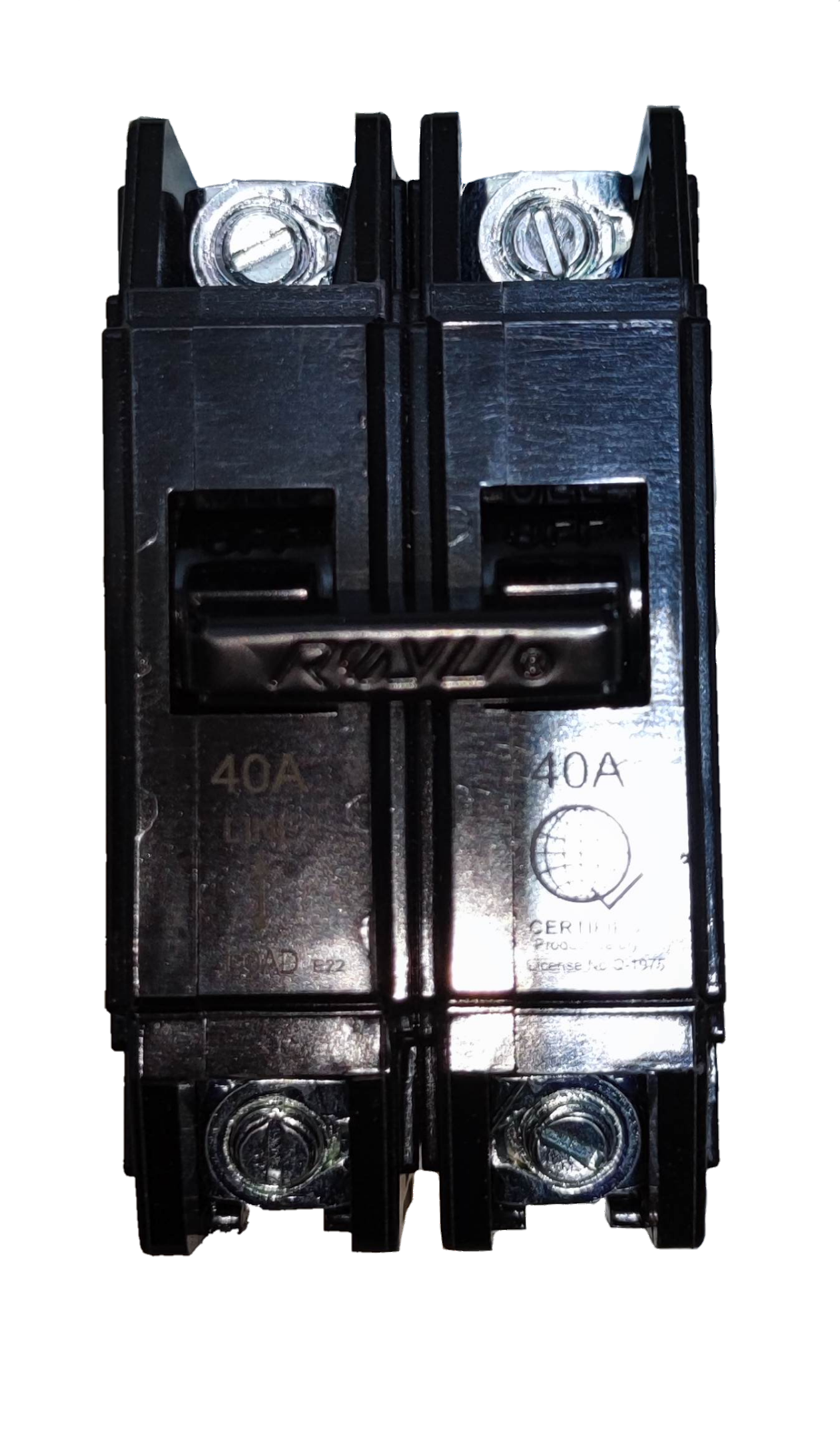 Royu 40A 2 pole circuit breaker black electrical component with silver screws