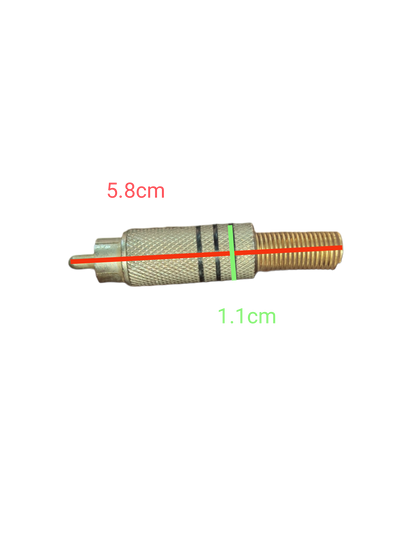 RCA plug connector 3 Lines with metal casing, measuring 5.8cm in length and 1.1cm in diameter