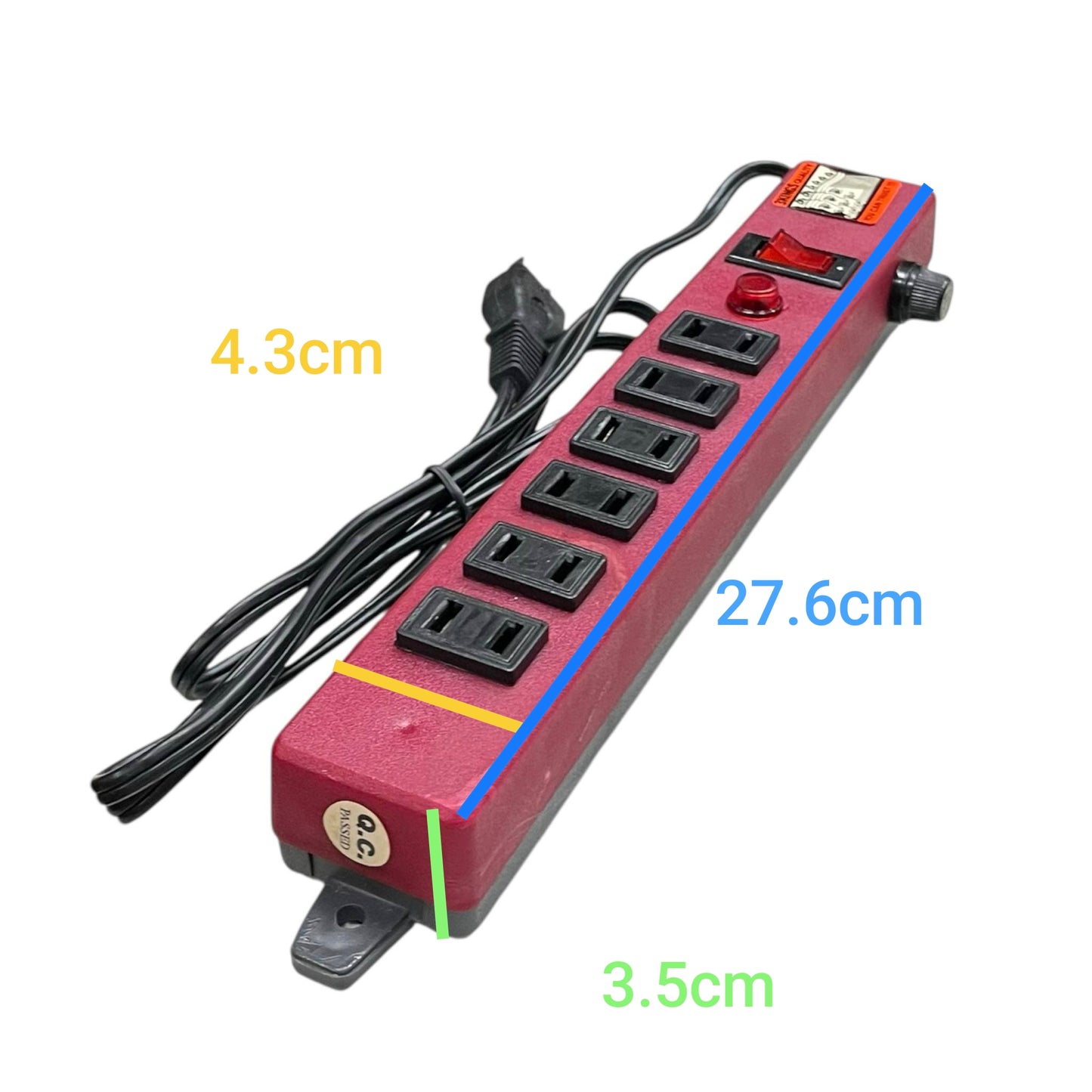 Red 6 gang extension outlet power strip with on off switch and 6 black sockets