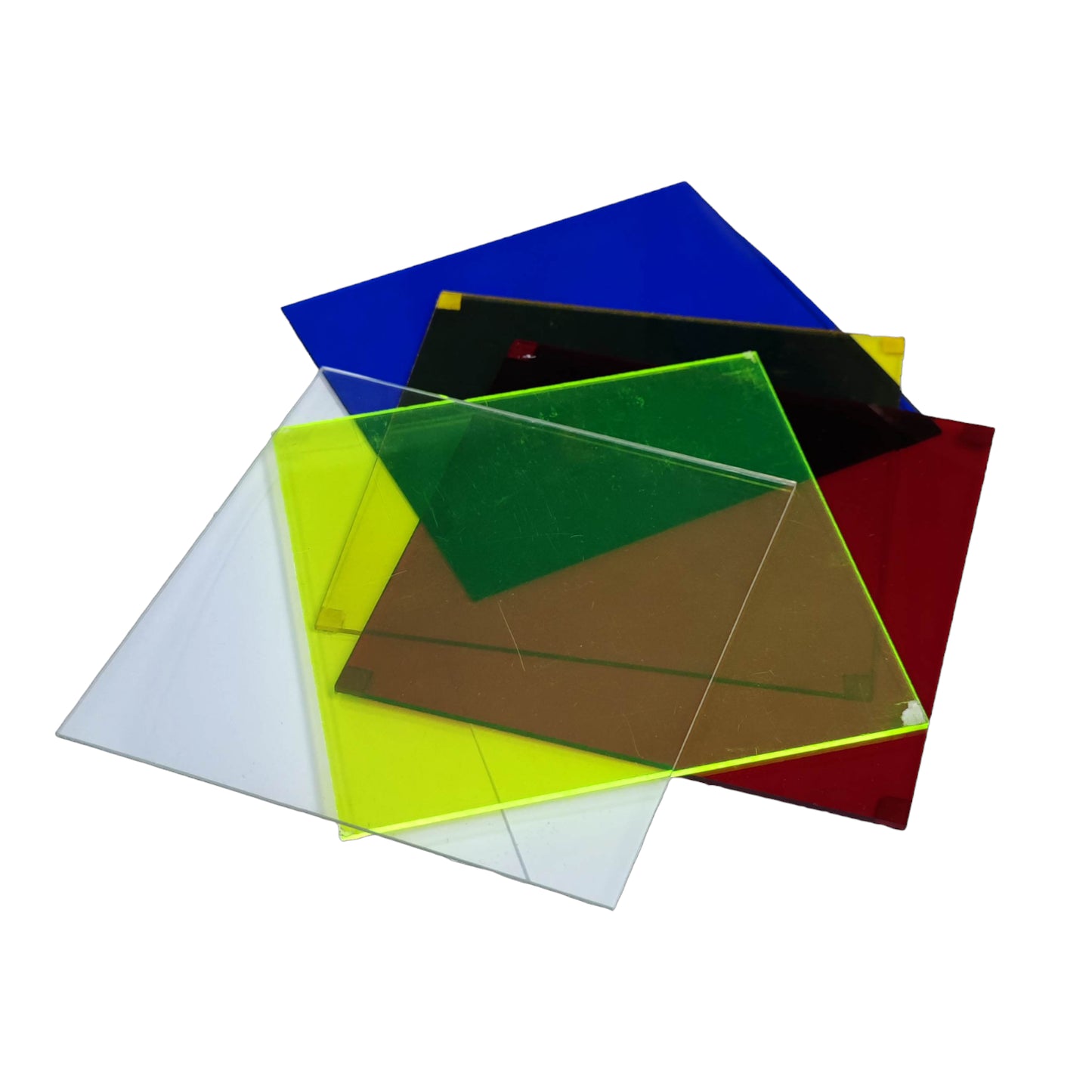 Variety of colored translucent sheets including a red acrylic optical filter for light effects and decorative use