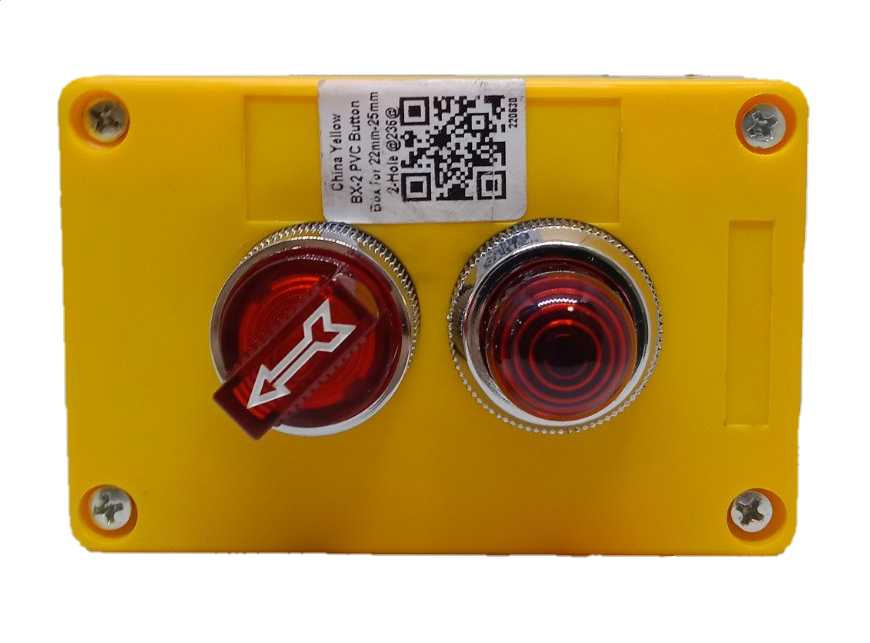 Auspicious red illuminated selector switch and button on yellow power points and switches box