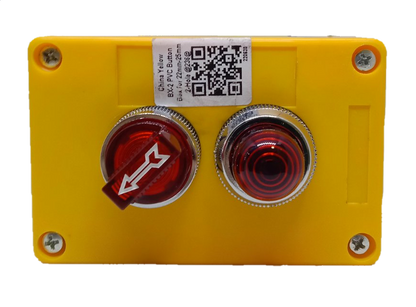 Auspicious red illuminated selector switch and button on yellow power points and switches box