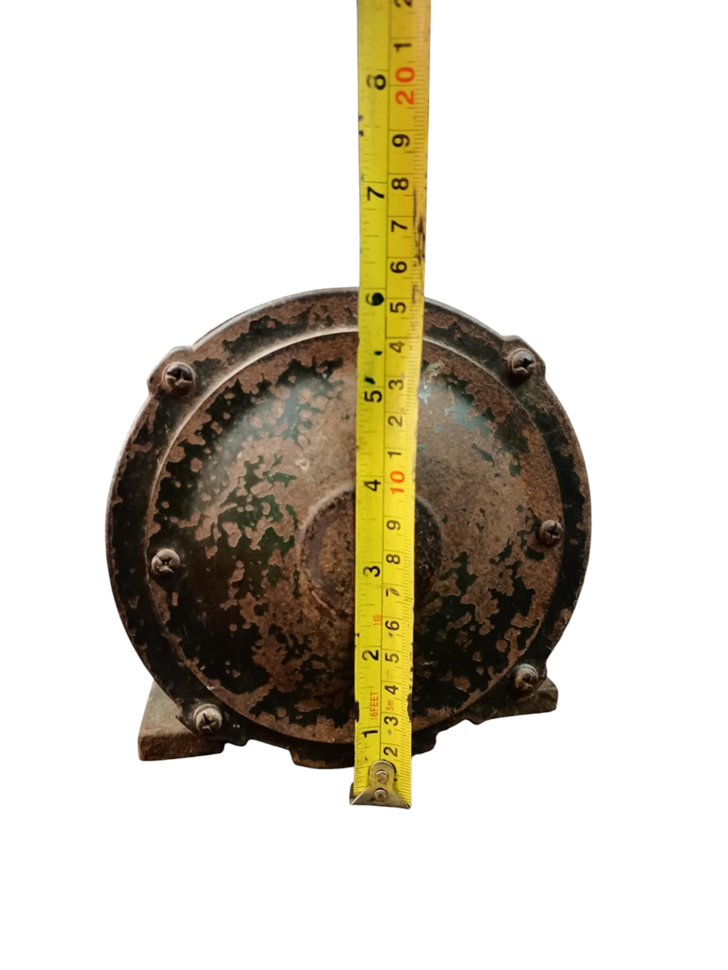 Kinma Induction Motor Single Phase Refurbished showing front round casing with measuring tape