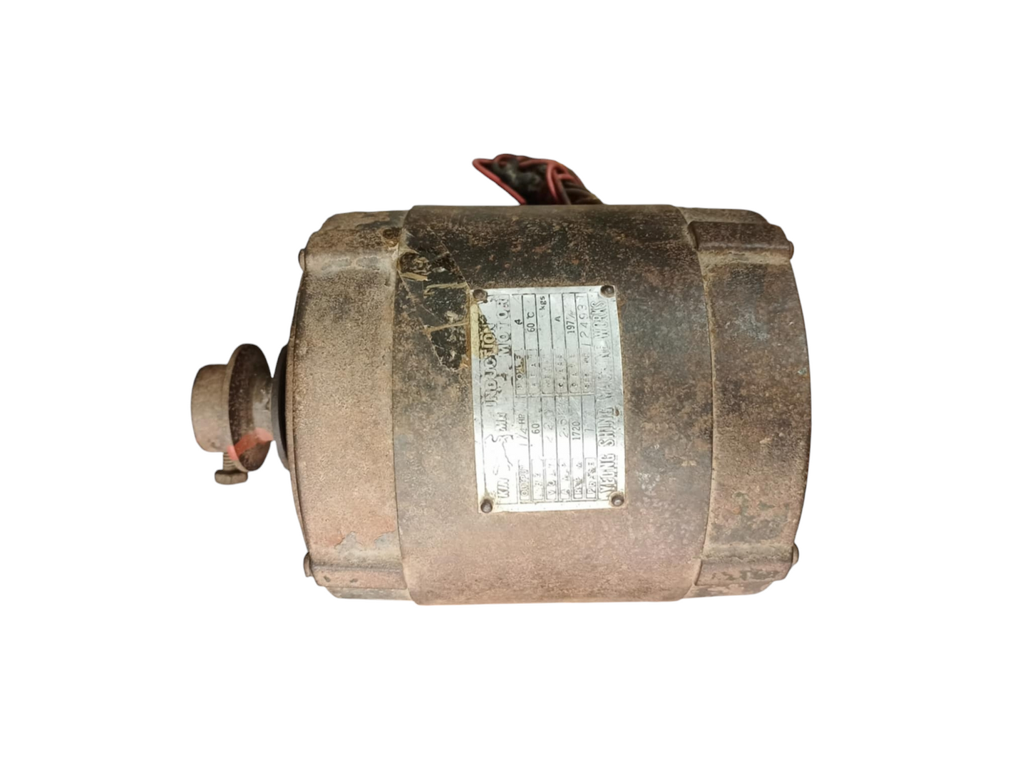 Kinma induction motor single phase refurbished with worn metal casing and label on white background
