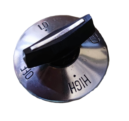Chrome stove burner metal plate control knob with black handle showing OFF LOW HIGH for gas range