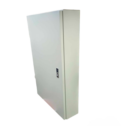 Schneider 3 pole main circuit breaker panel in a closed gray metal enclosure for electrical safety