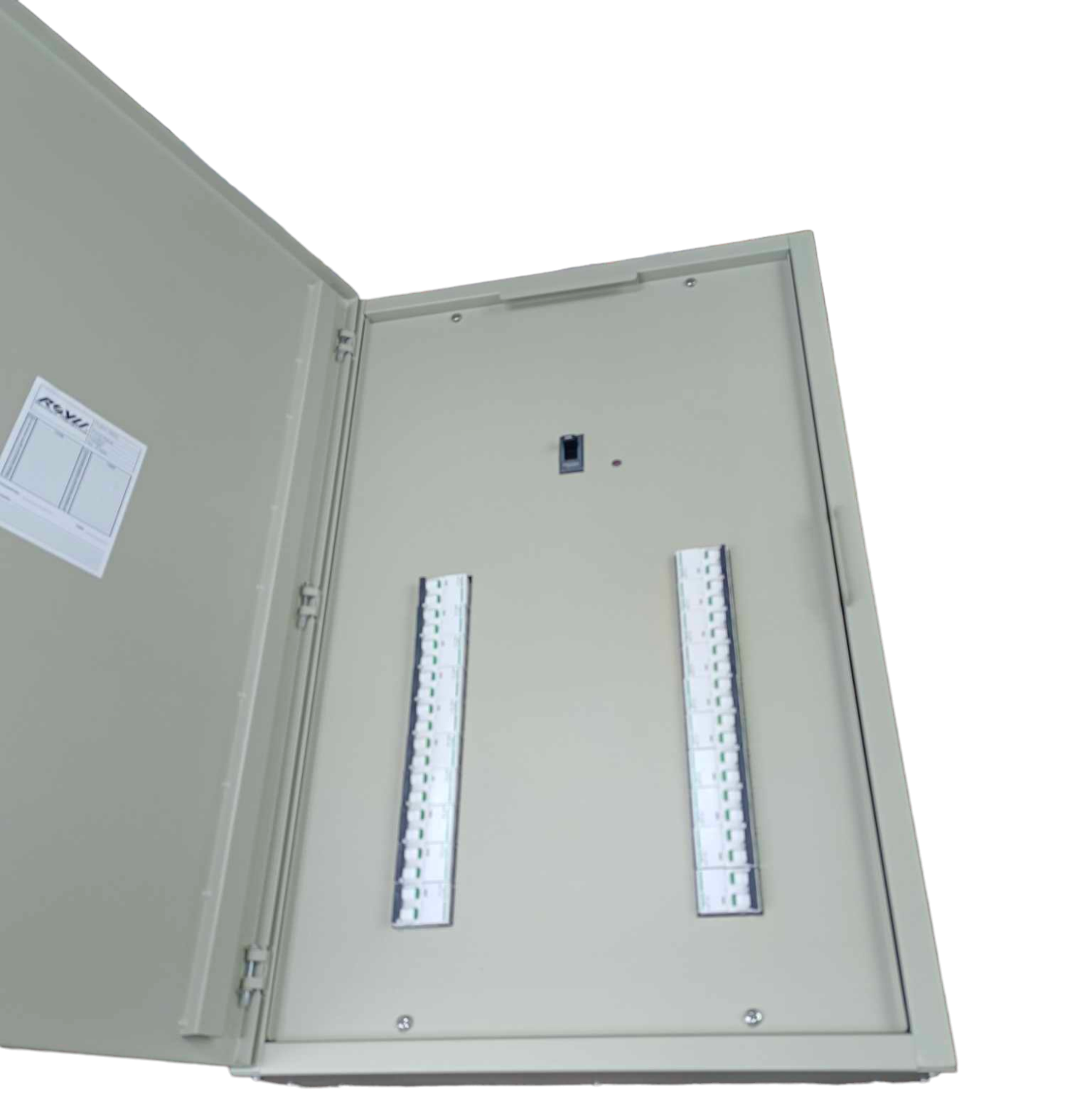 Schneider 3 pole main circuit breaker panel with open metal enclosure and dual breaker rails