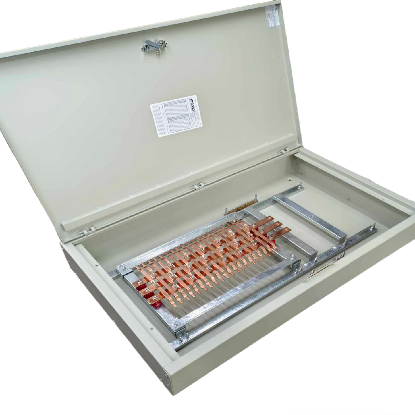 Schneider 3 pole main circuit breaker panel with open metal enclosure and copper busbars