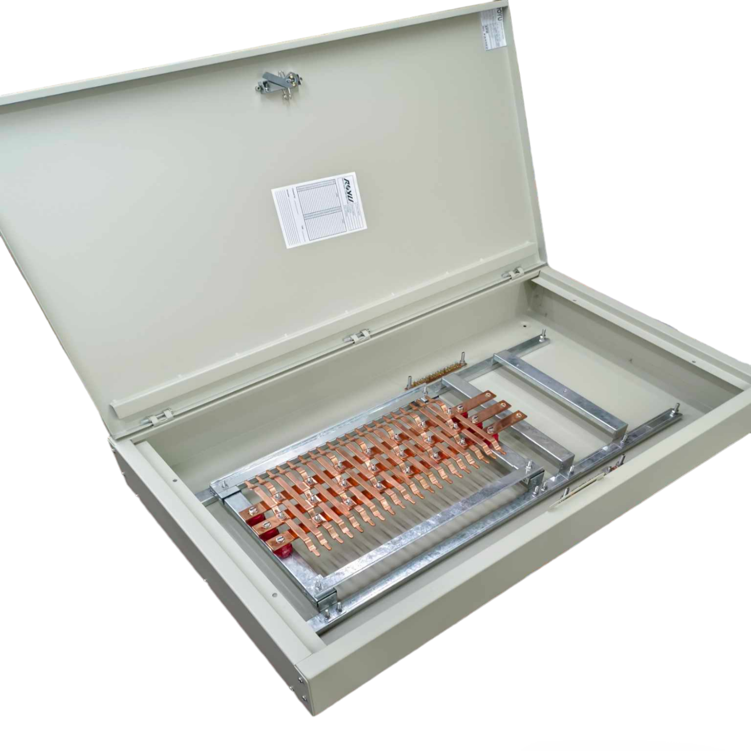 Schneider 3 pole main circuit breaker panel with open metal enclosure and copper busbars