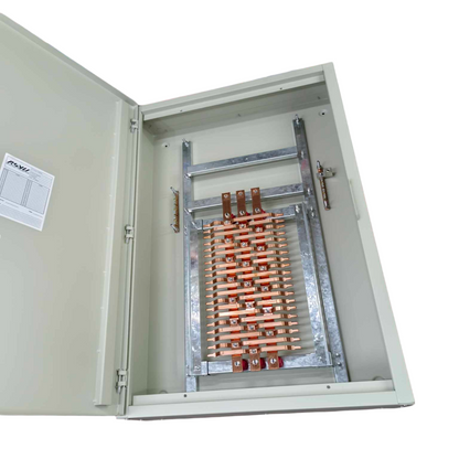 Schneider 3 pole main circuit breaker panel with metal frame and copper busbars inside gray enclosure
