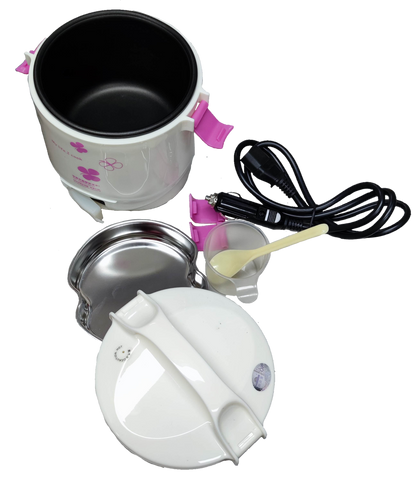 Rice Cooker 1 Liter 12V DC with accessories including measuring cup and power cord for easy cooking