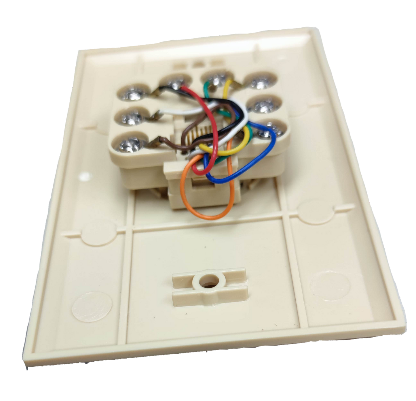 Taiwan made RJ45 wall socket for ethernet with visible colored wiring and screw terminals
