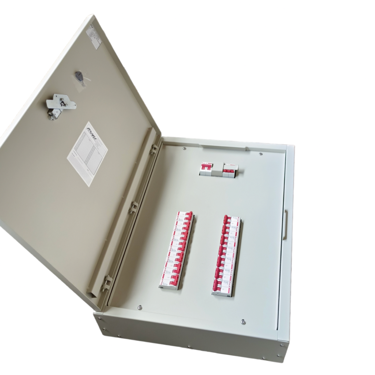 MTS Main 63A 2Pole with 14 Branches 2 Pole Electx Electrical Supply open metal distribution box showing two rows of breakers