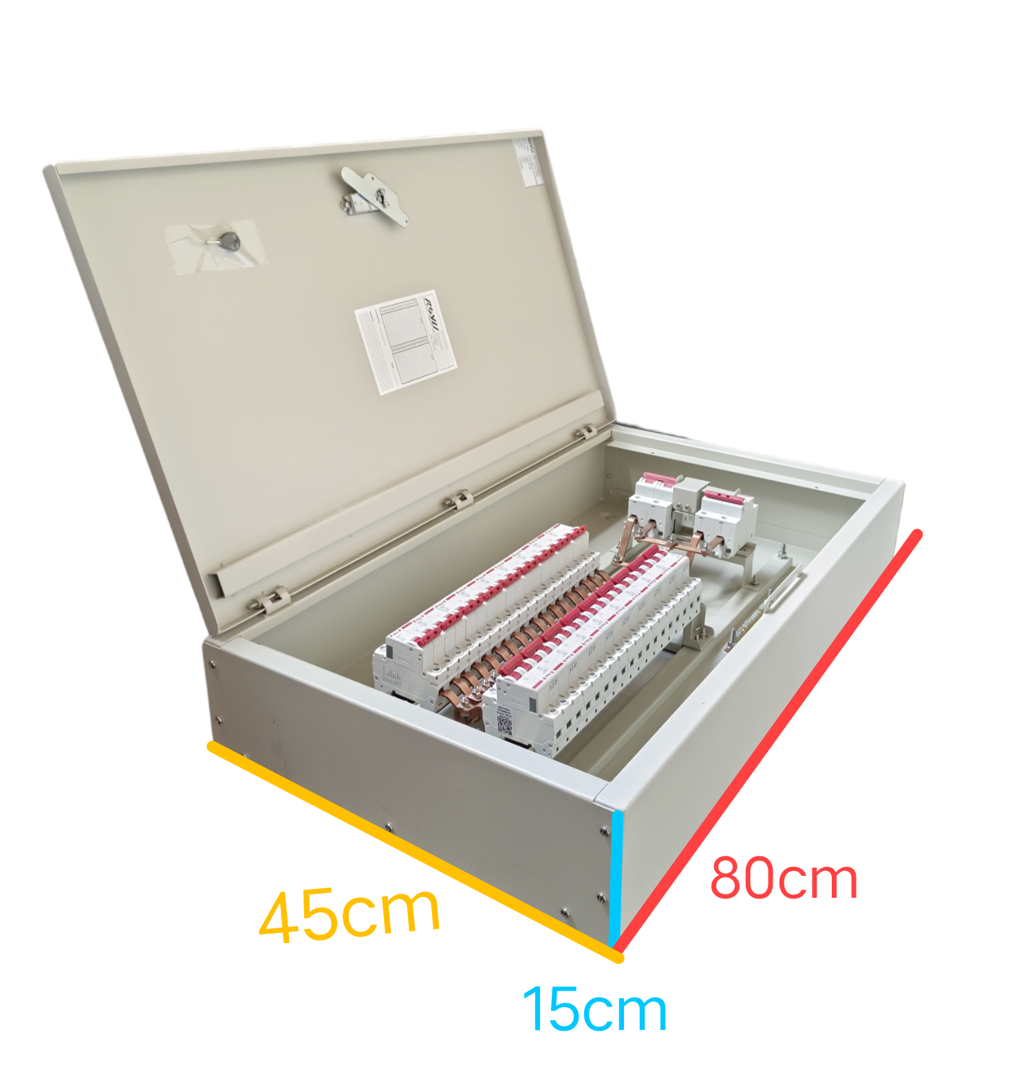 Electx metal junction box open showing busbars and breakers MTS Main 63A 2Pole with 14 Branches 2 Pole 80 cm by 45 cm by 15 cm