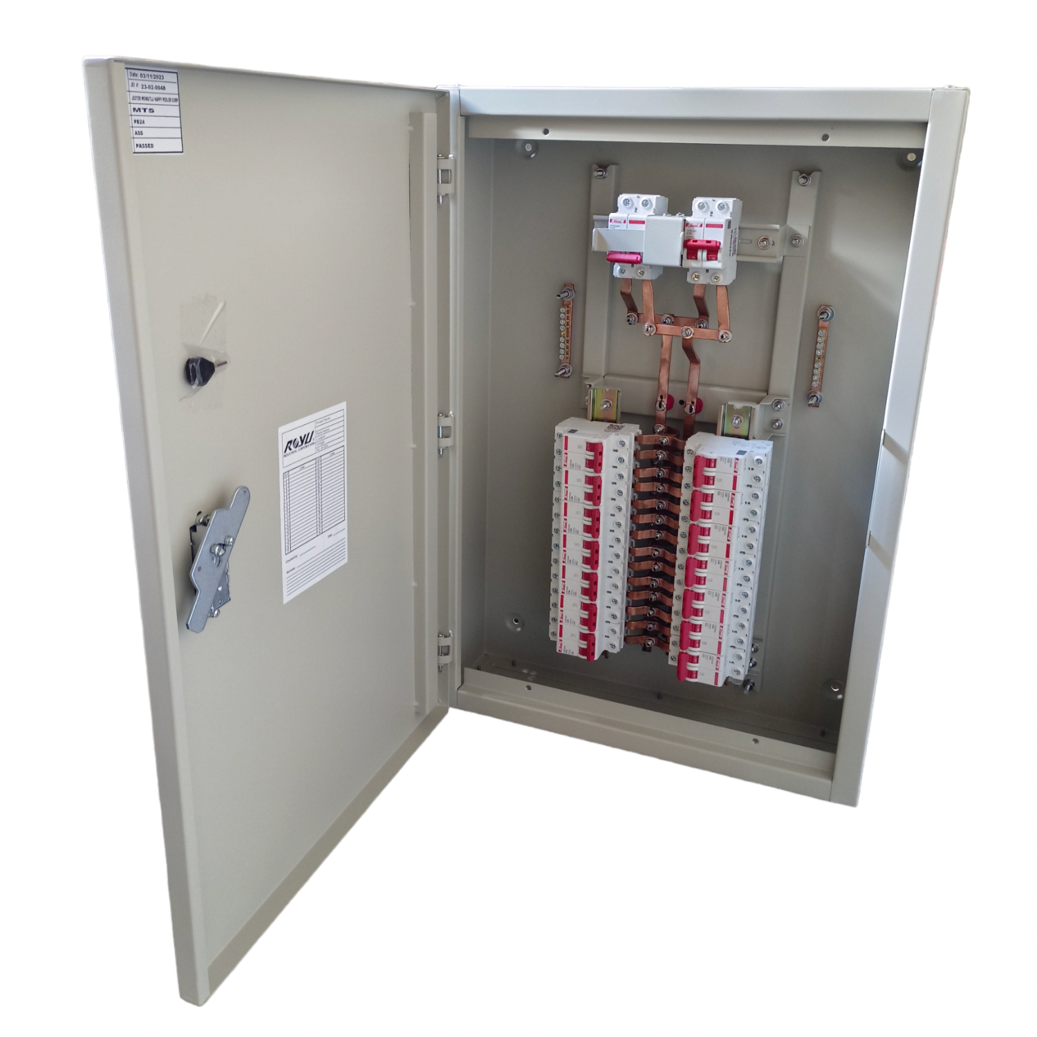 Electx Electrical Supply MTS Main 63A 2Pole with 14 Branches 2 Pole metal distribution panel with open door and breakers