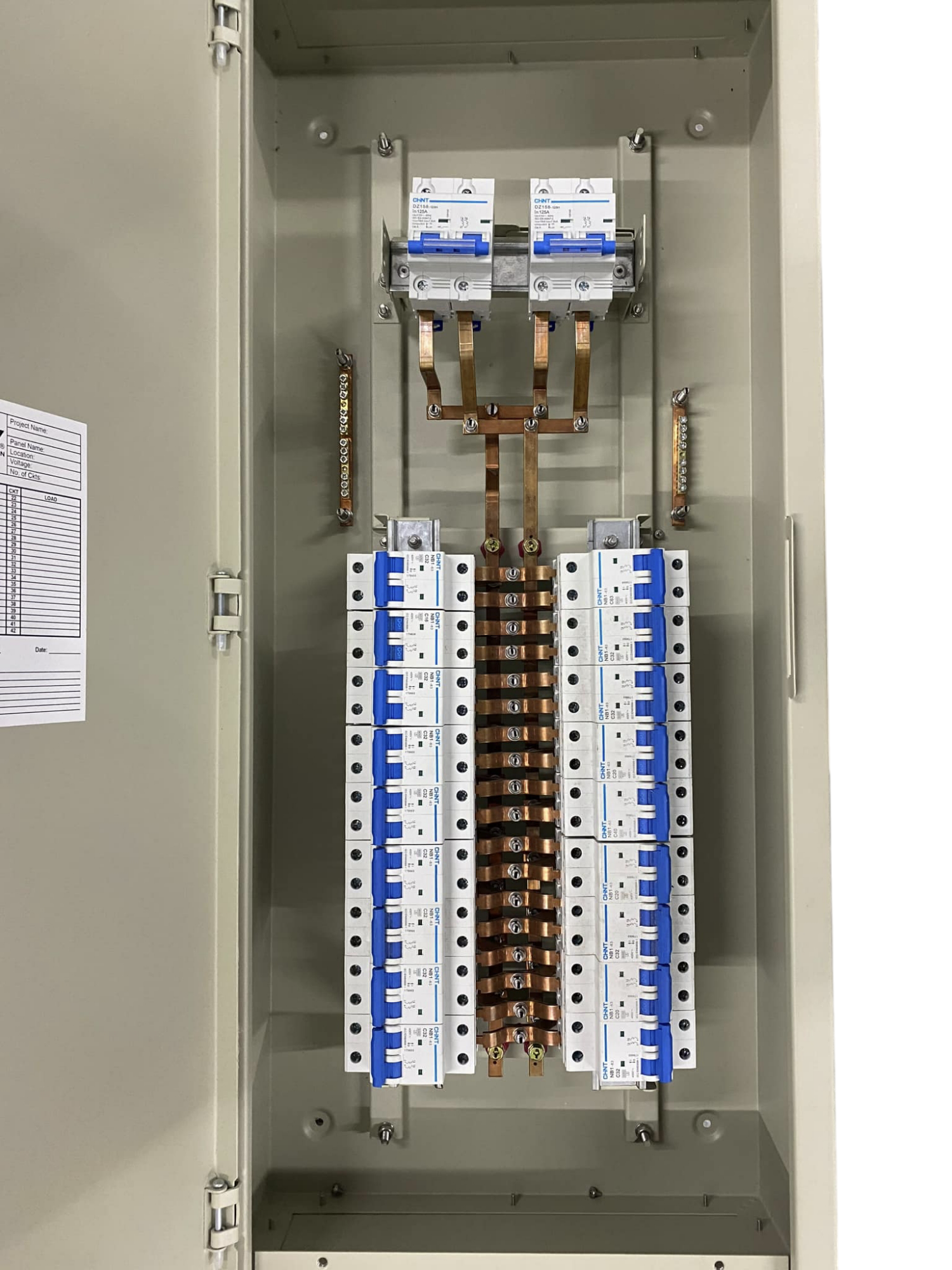 Chint MTS main breaker with 18 branches installed in gray electrical panel showing copper busbars and circuit breakers