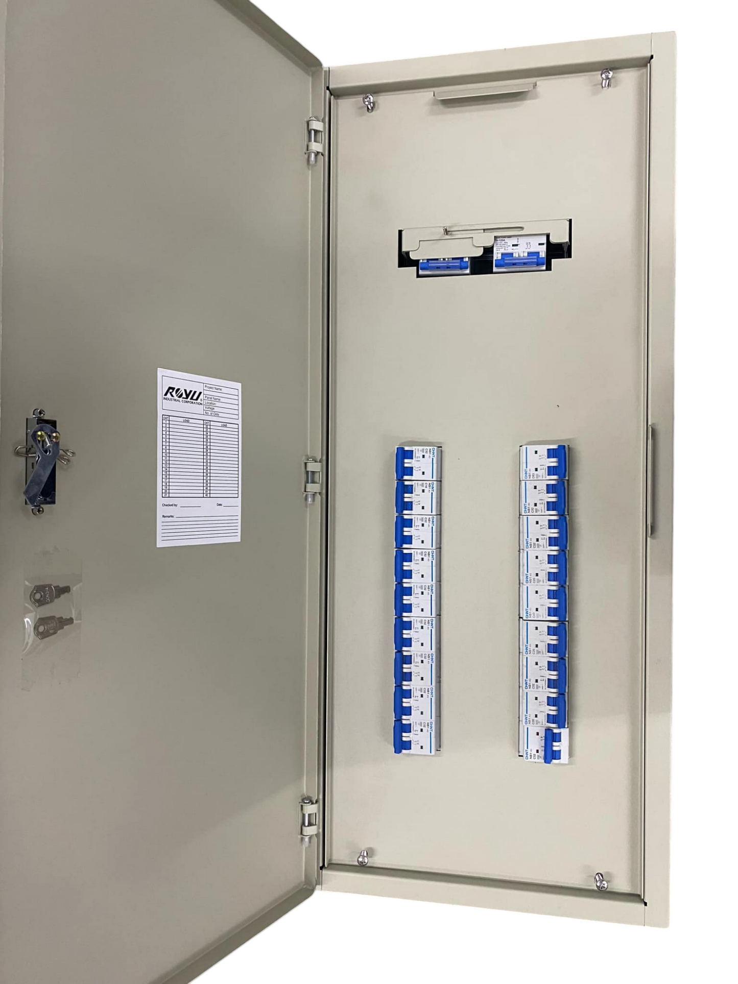 Open Chint electrical enclosure with breakers and labels, Chint MTS main breaker with 18 branches. Two columns of blue breakers.