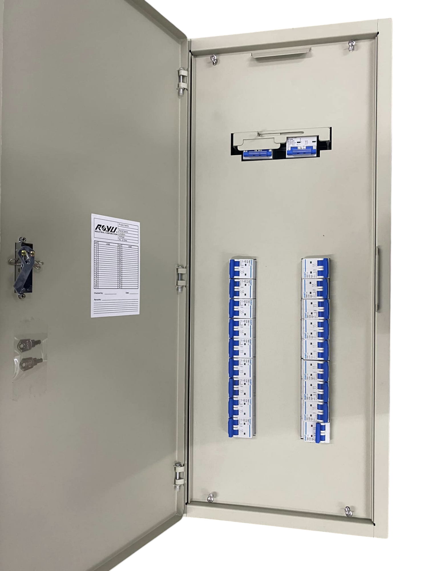 Open Chint electrical enclosure with breakers and labels, Chint MTS main breaker with 18 branches. Two columns of blue breakers.
