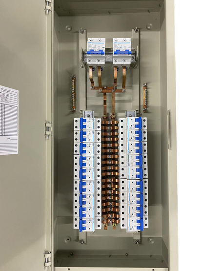 Chint miniature circuit breaker panel 18 branches with dual main breakers copper busbars and blue white MCBs