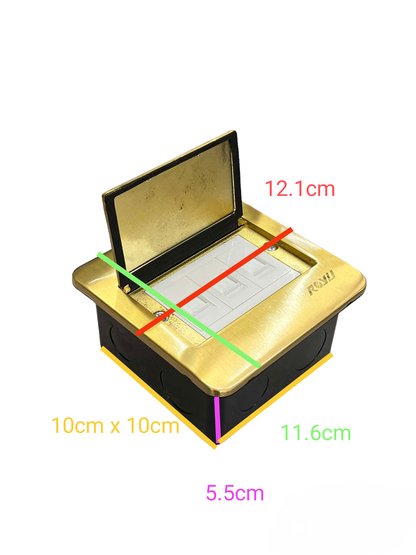 Royu Floor Outlet 3 Gang LAN Outlet with gold finish and dimensions shown for installation