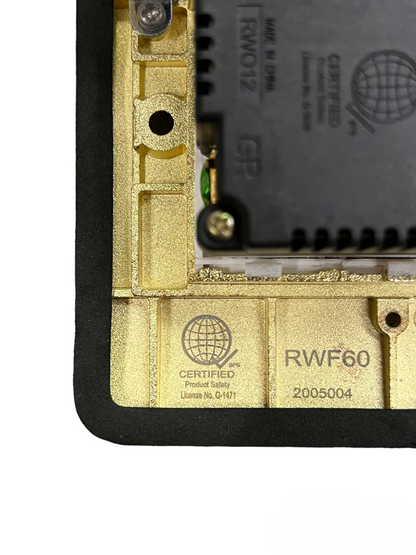 Close-up of Royu Floor Outlet 2 Gang LAN Outlet showing certified product safety and model details