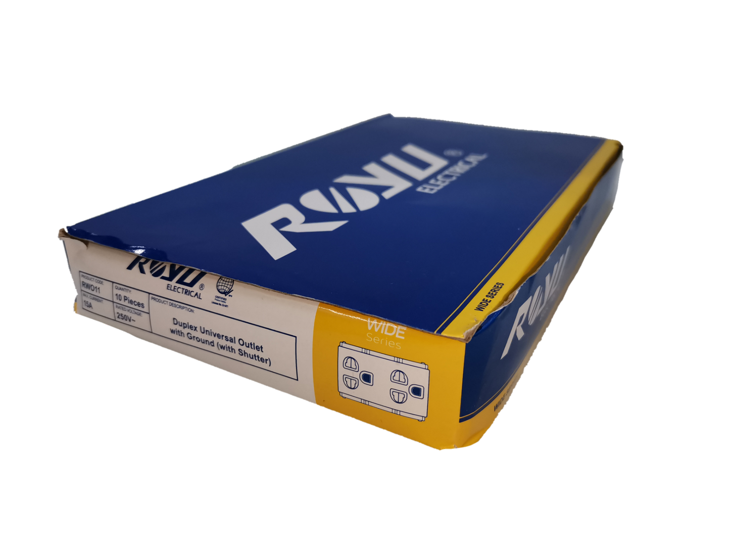 Royu Universal Outlet with Ground RWO11 packaged in a blue and yellow box for power points and switches
