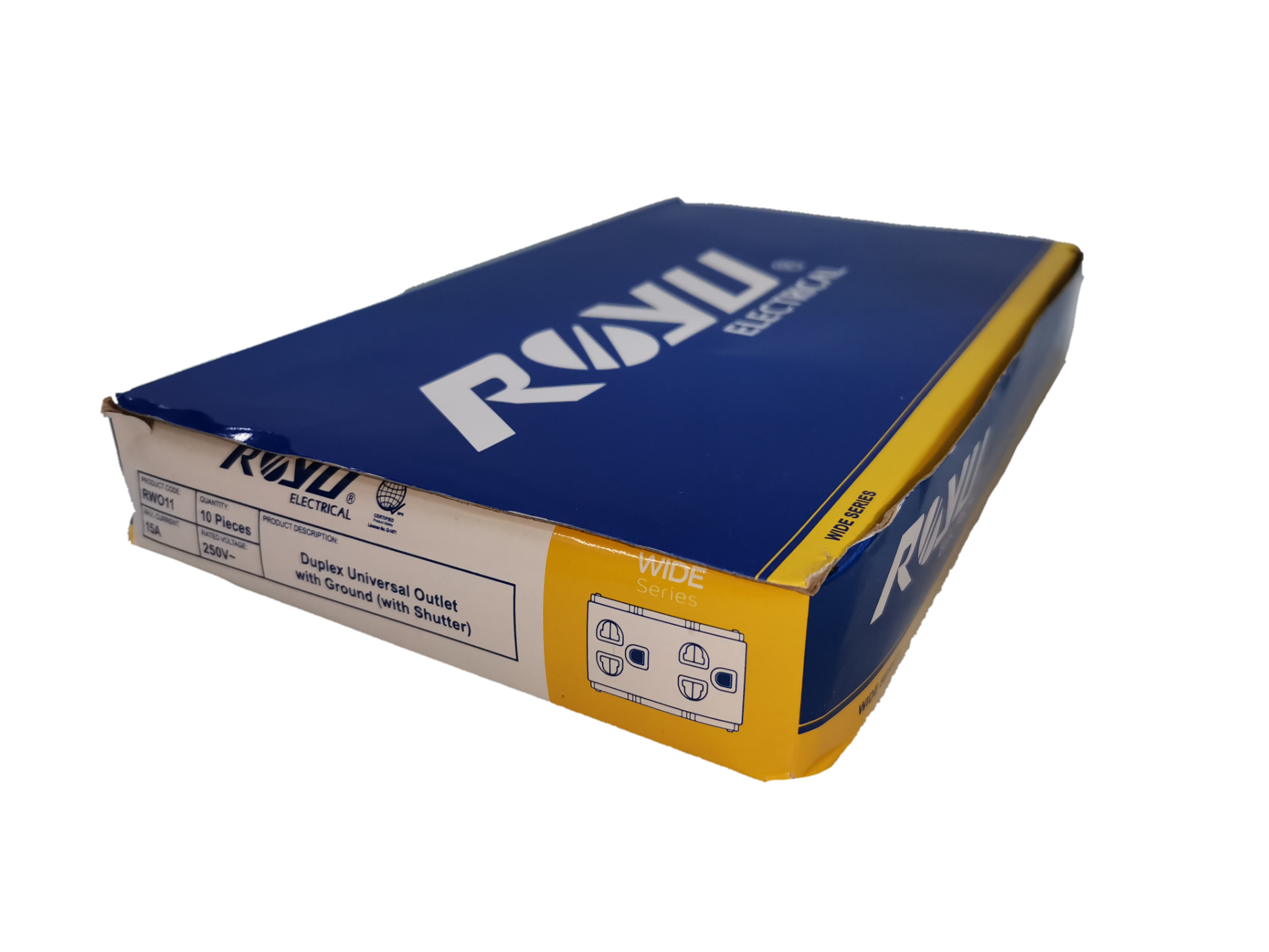 Royu Universal Outlet with Ground RWO11 packaged in a blue and yellow box for power points and switches