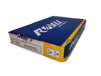 Royu Universal Outlet with Ground RWO11 packaged in a blue and yellow box for power points and switches
