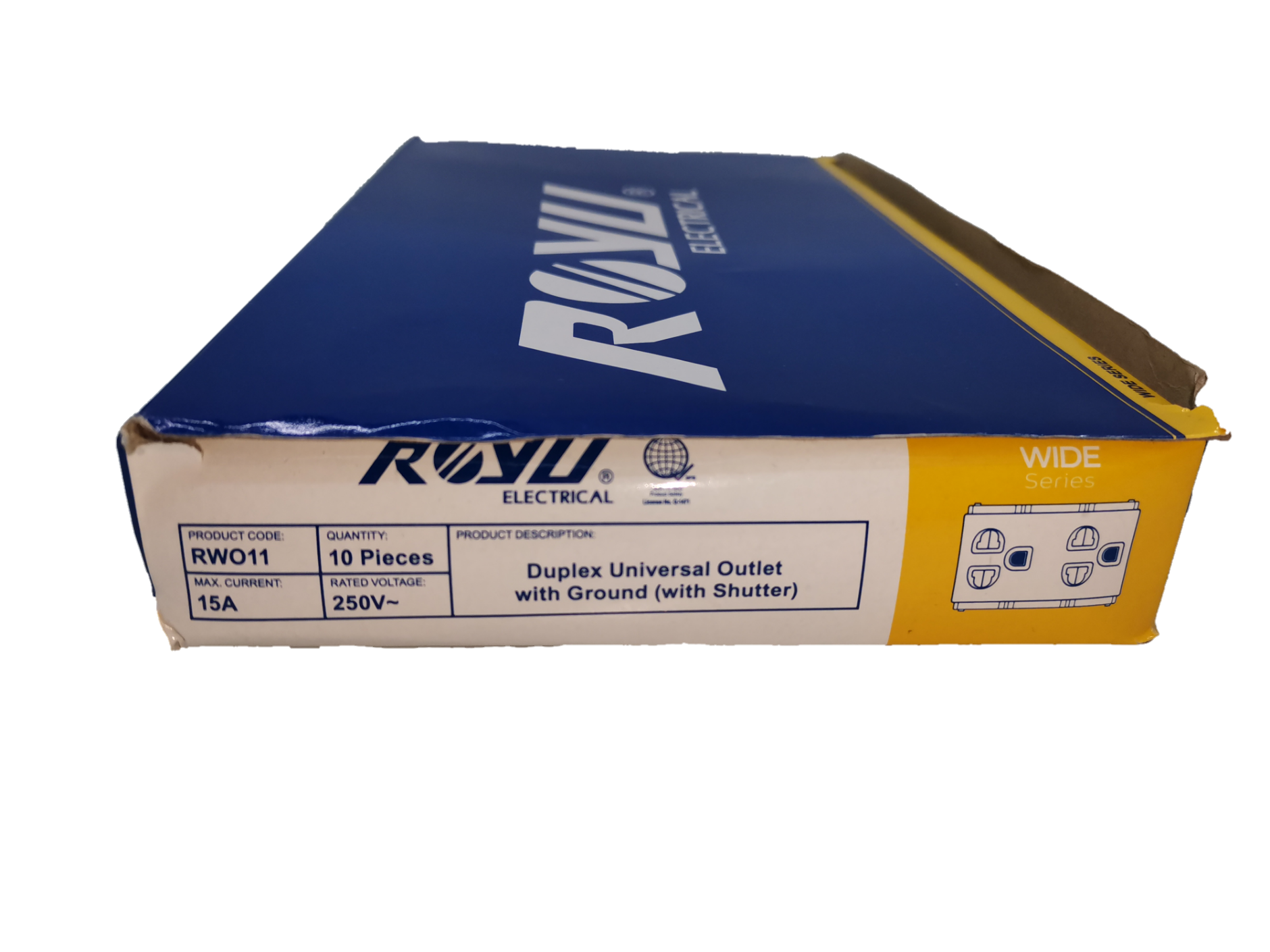Royu Universal Outlet with Ground RWO11 box containing 10 duplex wide outlets rated 250V and 15A