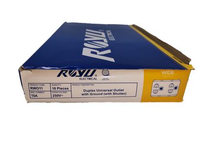 Royu Universal Outlet with Ground RWO11 box containing 10 duplex wide outlets rated 250V and 15A