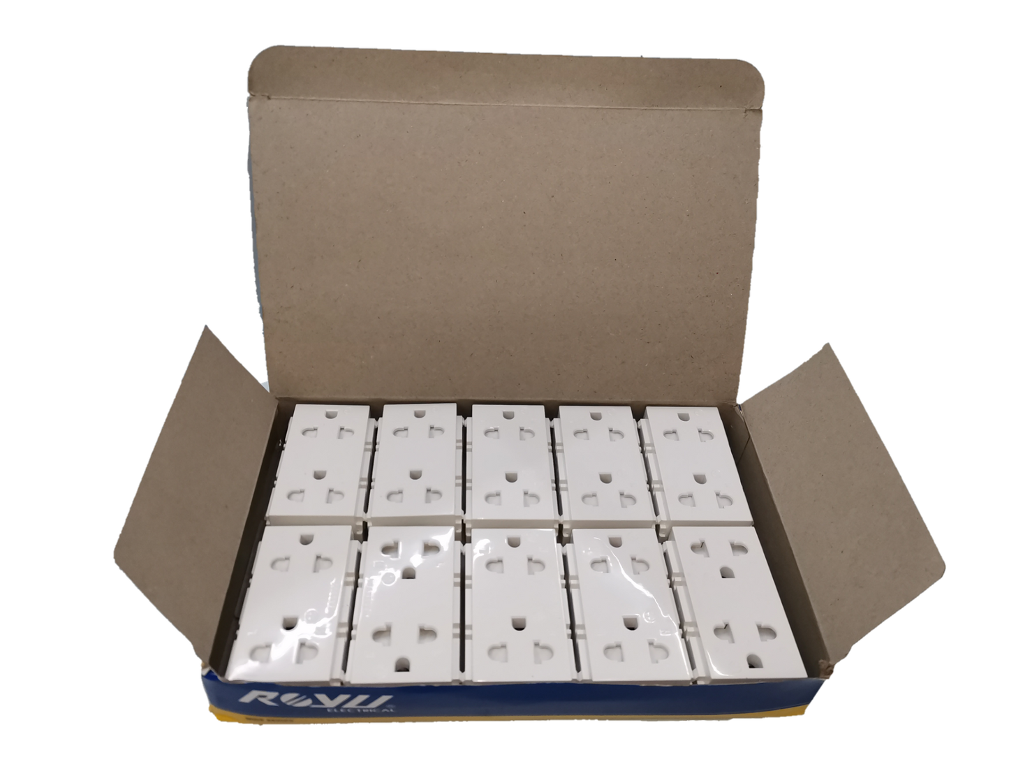 Box of Royu Universal Outlet with Ground RWO11 power points with white casing