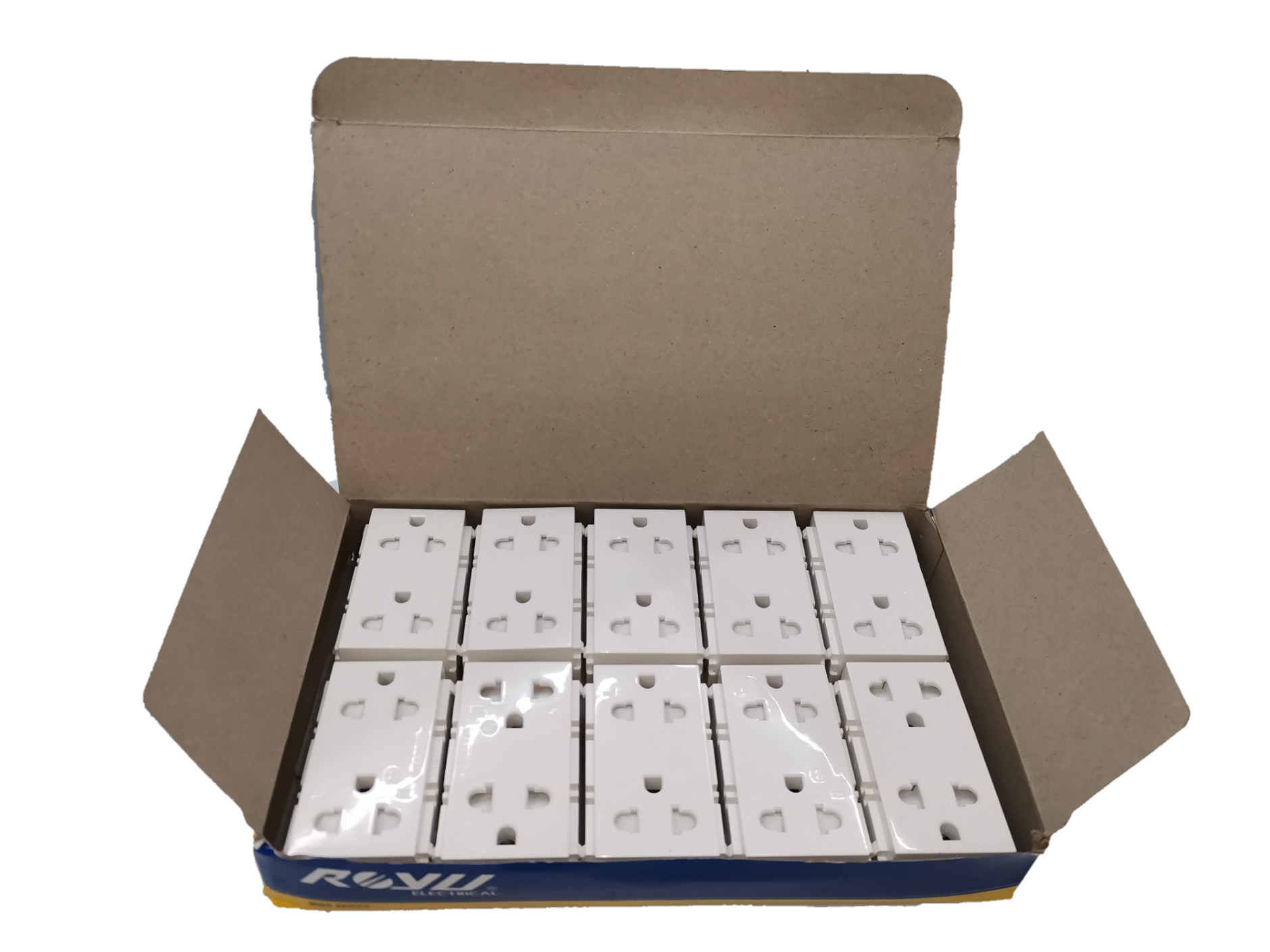 Box of Royu Universal Outlet with Ground RWO11 power points with white casing