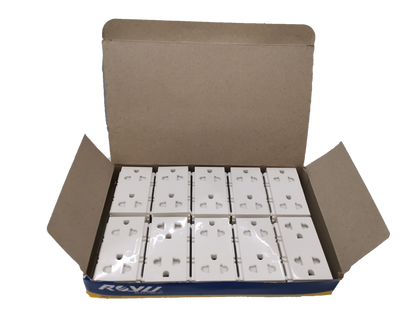 Box of Royu Universal Outlet with Ground RWO11 power points with white casing