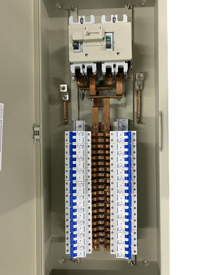 Chint 200A 2 pole main MCCB panel board with exposed copper busbars and rows of blue MCBs