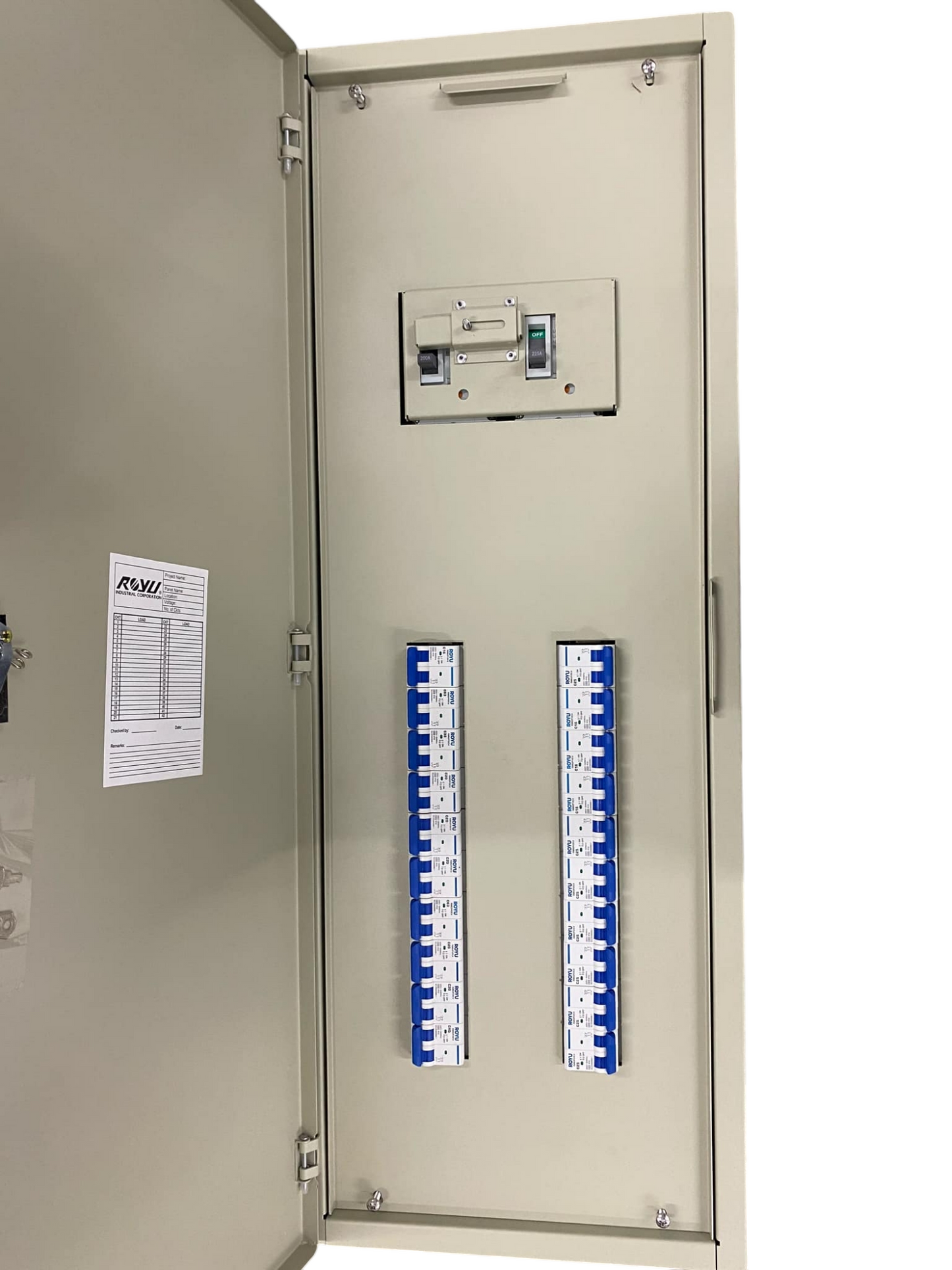 Chint 200A 2 pole main MCCB panel board with open metal enclosure and two rows of blue modular breakers