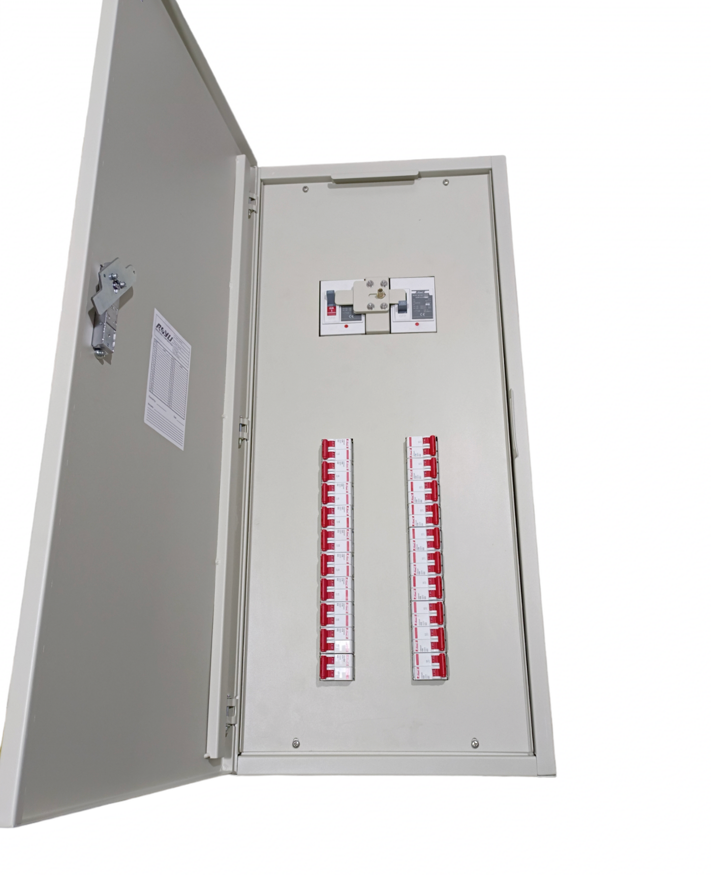 Chint 200A 2 pole main MCCB panel board with open gray metal enclosure and two rows of red circuit breakers