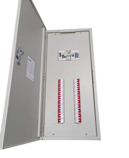 Chint 200A 2 pole main MCCB panel board with open gray metal enclosure and two rows of red circuit breakers