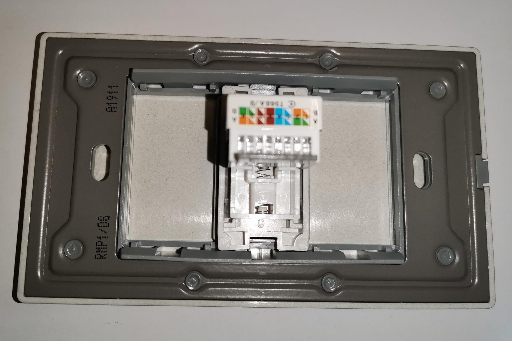 Royu 1 Gang LAN Outlet with Plate Dark Gray rear view showing keystone jack and color coded wiring labels