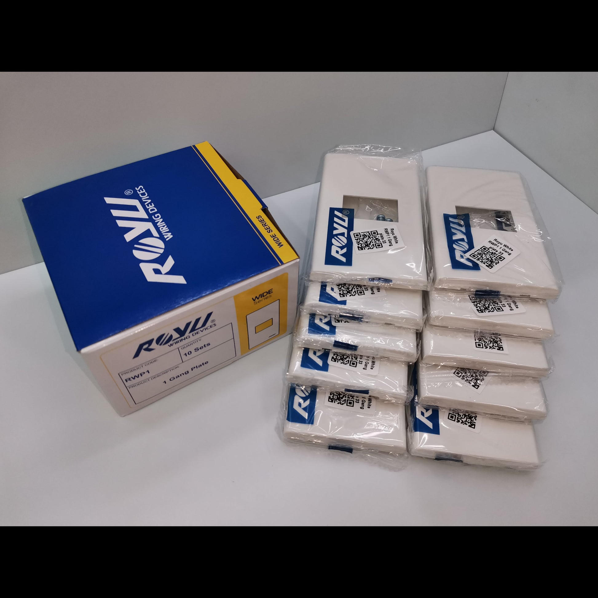 Royu boxed pack of ten white 1 gang wall plates stacked with packaging 1 Gang Plate Wide Series 10PCS