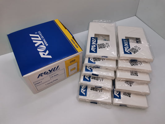 Royu boxed pack of ten white 1 gang wall plates stacked with packaging 1 Gang Plate Wide Series 10PCS
