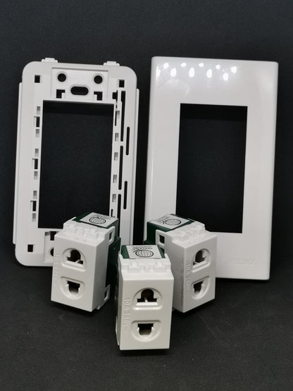 Royu 3 gang universal outlet with plate showing individual sockets and white cover plates on black background